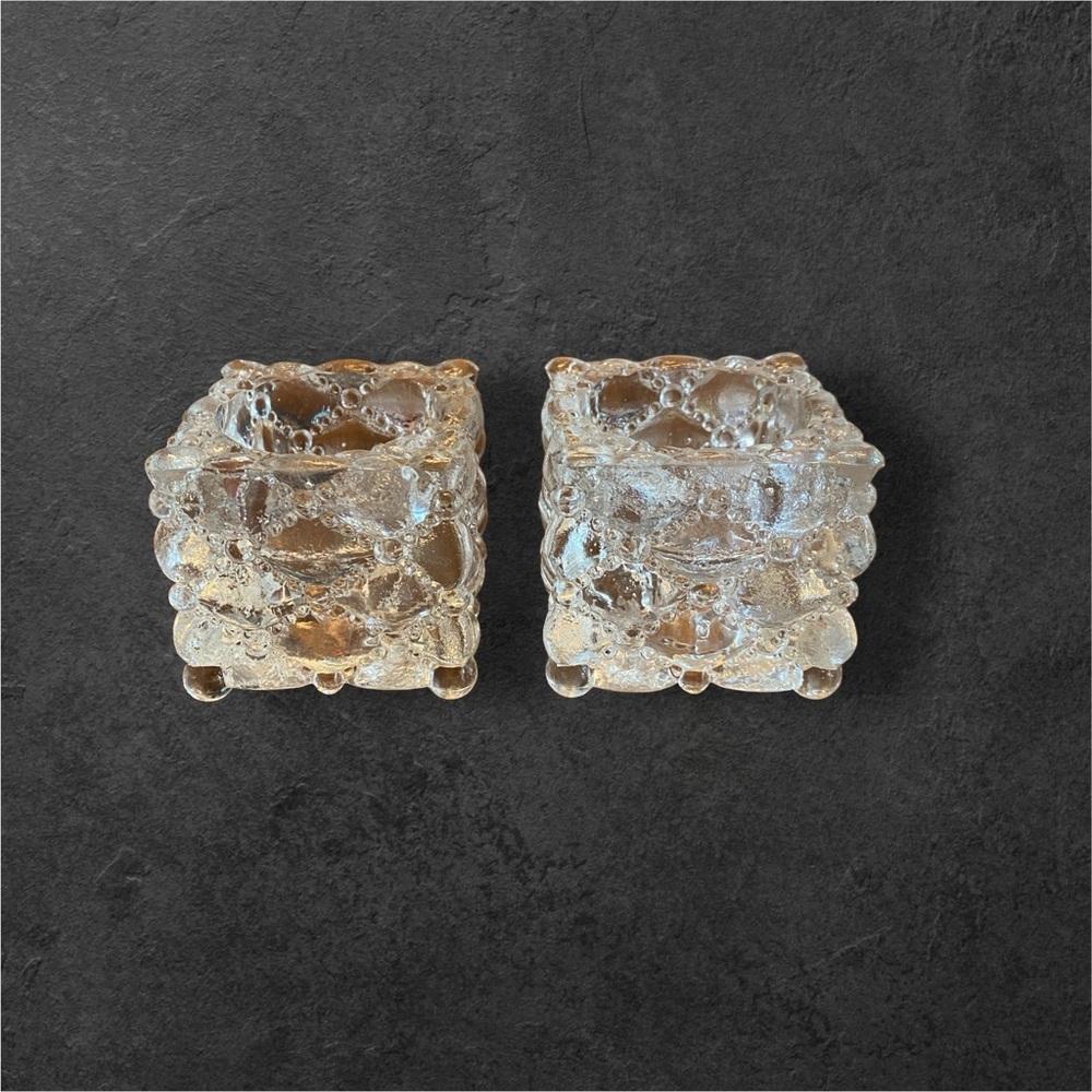 Vintage MCM Clear Glass Ice Cube Votive Candle Holders - Set of 2 Bubble Texture